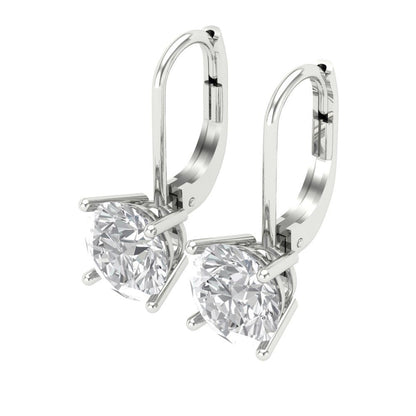 3 ctw White Sapphire Drop Dangle Earrings | 7.5mm Round Cut White Gold Lever Back | April Birthstone