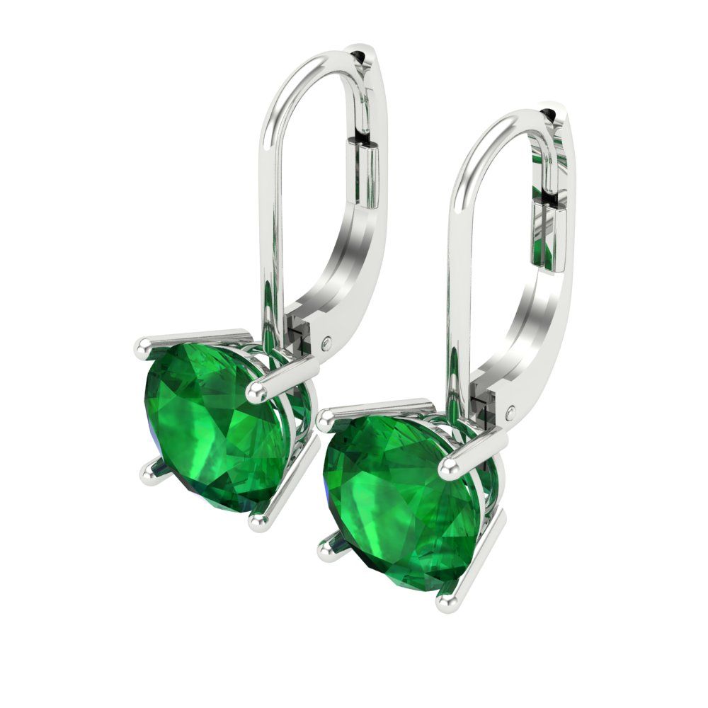 3 ctw Emerald Drop Dangle Earrings | 7.5mm Round Cut White Gold Lever Back | May Birthstone