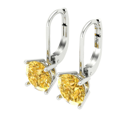 3 ctw Citrine Drop Dangle Earrings | 7.5mm Round Cut White Gold Lever Back | November Birthstone