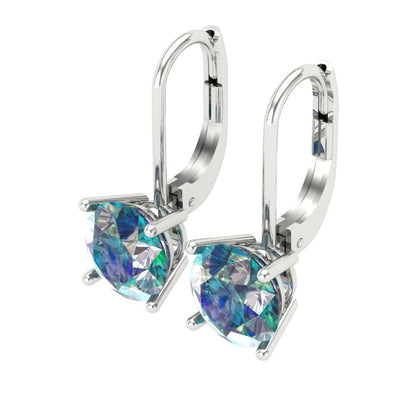 3 ctw Blue Moissanite Drop Dangle Earrings | 7.5mm Round Cut White Gold Lever Back | April Birthstone