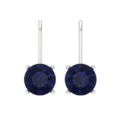 3 ctw Blue Sapphire Drop Dangle Earrings | 7.5mm Round Cut White Gold Lever Back | September Birthstone