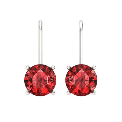3 ctw Garnet Drop Dangle Earrings | 7.5mm Round Cut White Gold Lever Back | January Birthstone