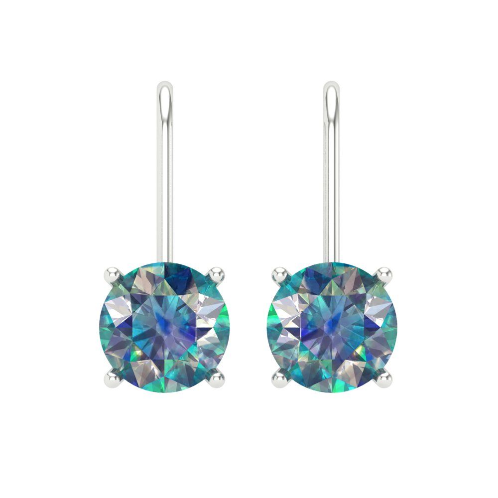 3 ctw Blue Moissanite Drop Dangle Earrings | 7.5mm Round Cut White Gold Lever Back | April Birthstone