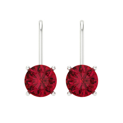 3 ctw Ruby Drop Dangle Earrings | 7.5mm Round Cut White Gold Lever Back | July Birthstone