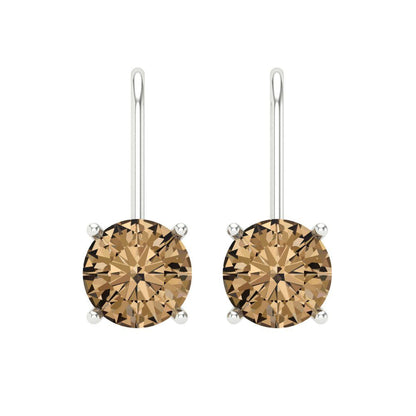 3 ctw Champagne Drop Dangle Earrings | 7.5mm Round Cut White Gold Lever Back | April Birthstone