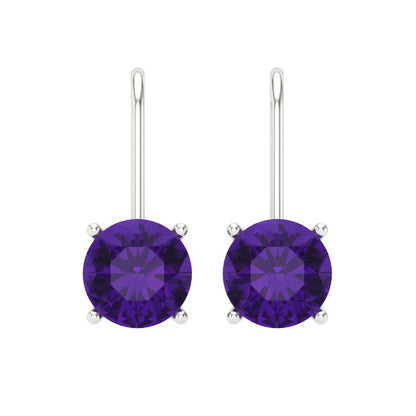 3 ctw Amethyst Drop Dangle Earrings | 7.5mm Round Cut White Gold Lever Back | February Birthstone