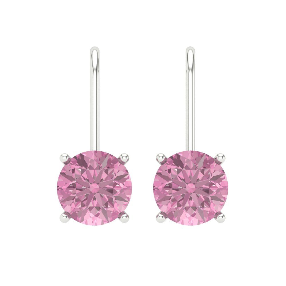 3 ctw Pink Zirconia Drop Dangle Earrings | 7.5mm Round Cut White Gold Lever Back | April Birthstone