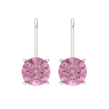 3 ctw Pink Zirconia Drop Dangle Earrings | 7.5mm Round Cut White Gold Lever Back | April Birthstone