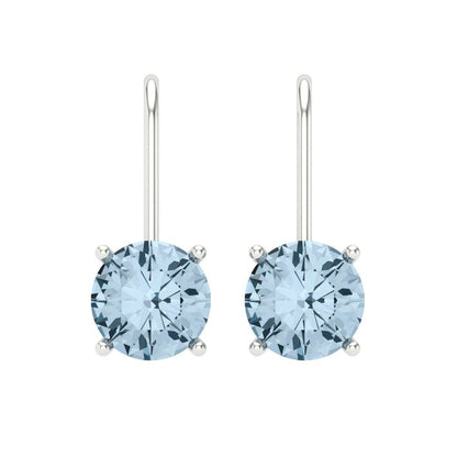 3 ctw Aquamarine Drop Dangle Earrings | 7.5mm Round Cut White Gold Lever Back | March Birthstone