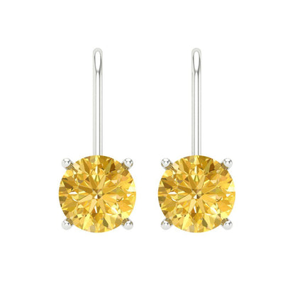 3 ctw Citrine Drop Dangle Earrings | 7.5mm Round Cut White Gold Lever Back | November Birthstone