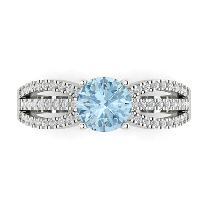 1.27 cttw Natural Aquamarine Solitaire with Zirconia Simulated Diamond Accents Engagement Ring - Solid Gold (Round Cut,6.5mm)