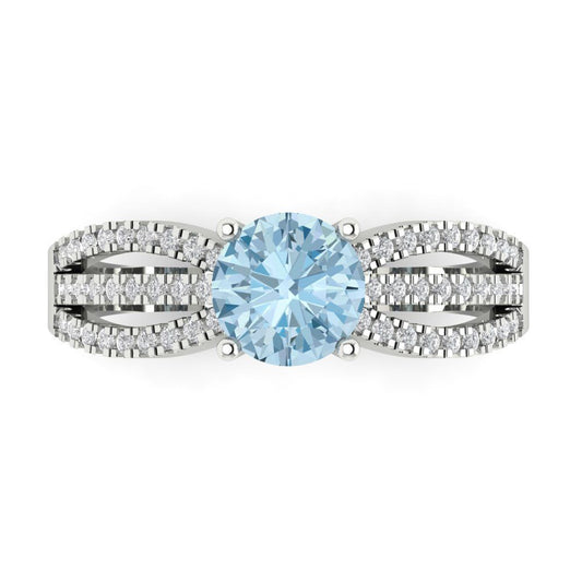 1.27 cttw Natural Aquamarine Solitaire with Zirconia Simulated Diamond Accents Engagement Ring - Solid White Gold (VVS1, Round Cut,6.5mm)