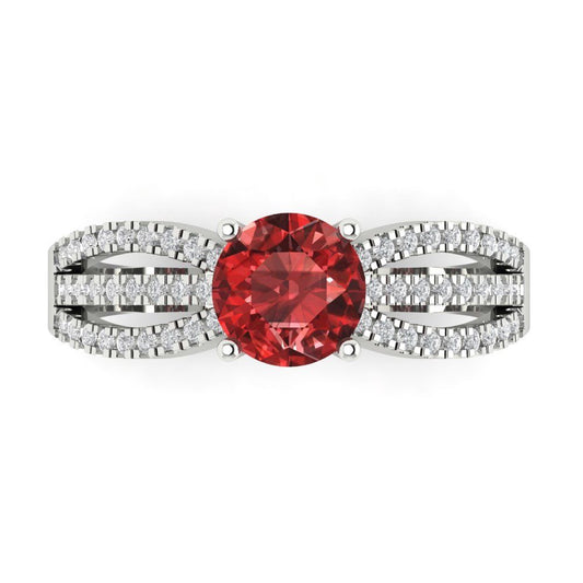 1.27 cttw Natural Garnet Solitaire with Zirconia Simulated Diamond Accents Engagement Ring - Solid White Gold (VVS1, Round Cut,6.5mm)