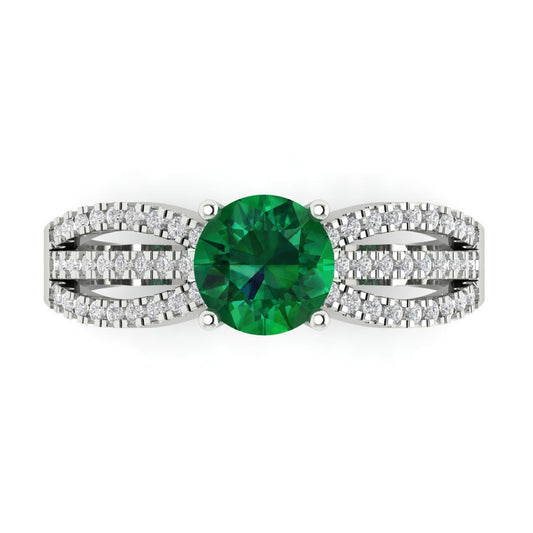 1.27 cttw Simulated Emerald Solitaire with Zirconia Simulated Diamond Accents Engagement Ring - Solid White Gold (VVS1, Round Cut,6.5mm)