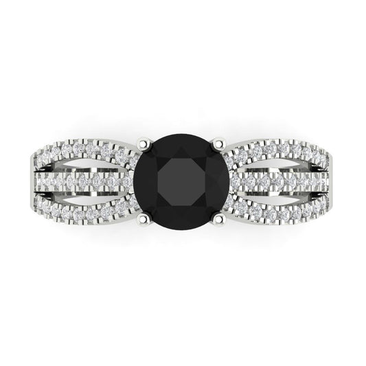 1.27 cttw Natural Onyx Solitaire with Zirconia Simulated Diamond Accents Engagement Ring - Solid White Gold (VVS1, Round Cut,6.5mm)