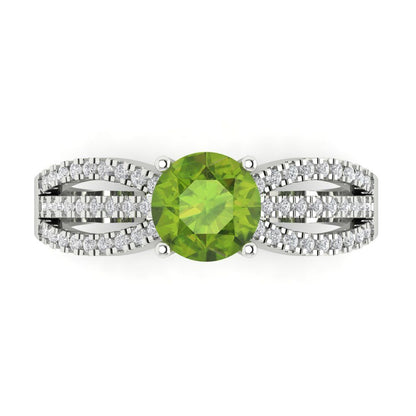 1.27 cttw Natural Peridot Solitaire with Zirconia Simulated Diamond Accents Engagement Ring - Solid Gold (Round Cut,6.5mm)