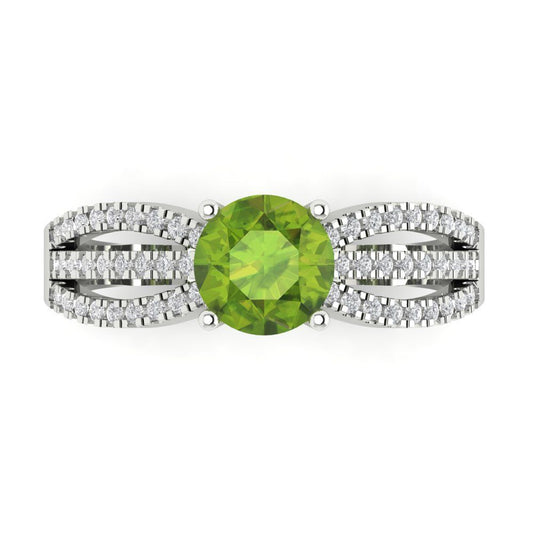 1.27 cttw Natural Peridot Solitaire with Zirconia Simulated Diamond Accents Engagement Ring - Solid White Gold (VVS1, Round Cut,6.5mm)
