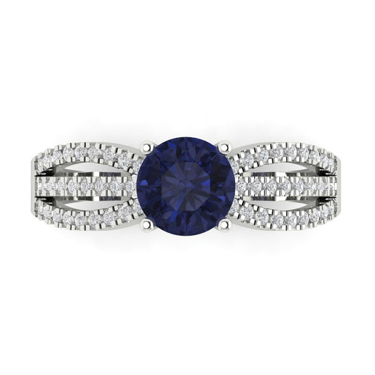 1.27 cttw Simulated Blue Sapphire Solitaire with Zirconia Simulated Diamond Accents Engagement Ring - Solid White Gold (VVS1, Round Cut,6.5mm)