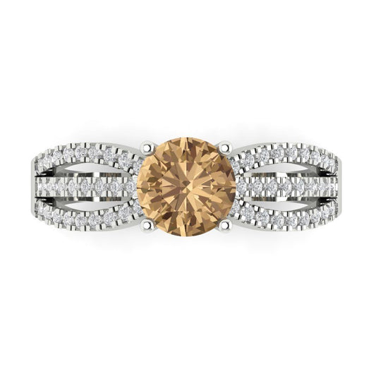 1.27 cttw Zirconia Simulated Champagne Diamond Solitaire with Zirconia Simulated Diamond Accents Engagement Ring - Solid White Gold (VVS1, Round Cut,6.5mm)