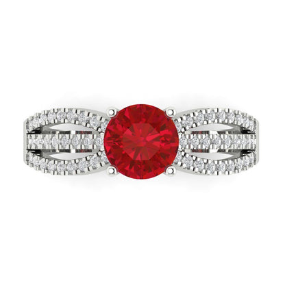 1.27 cttw Simulated Ruby Solitaire with Zirconia Simulated Diamond Accents Engagement Ring - Solid White Gold (VVS1, Round Cut,6.5mm)