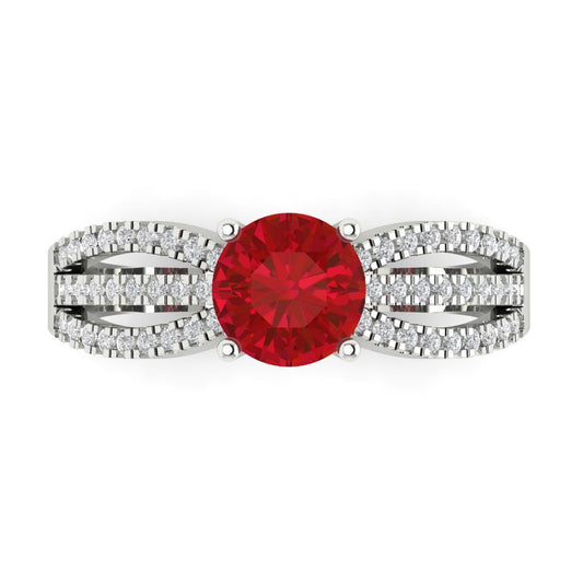 1.27 cttw Simulated Ruby Solitaire with Zirconia Simulated Diamond Accents Engagement Ring - Solid White Gold (VVS1, Round Cut,6.5mm)