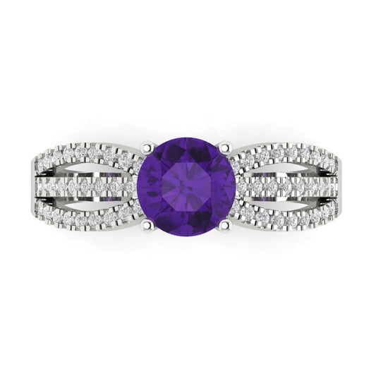 1.27 cttw Natural Amethyst Solitaire with Zirconia Simulated Diamond Accents Engagement Ring - Solid White Gold (VVS1, Round Cut,6.5mm)