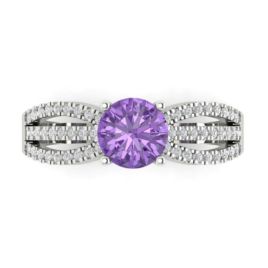 1.27 cttw Simulated Alexandrite Solitaire with Zirconia Simulated Diamond Accents Engagement Ring - Solid White Gold (VVS1, Round Cut,6.5mm)