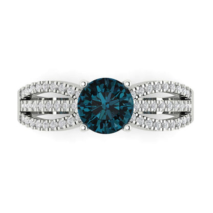 1.27 cttw Natural London Blue Topaz Solitaire with Zirconia Simulated Diamond Accents Engagement Ring - Solid Gold (Round Cut,6.5mm)