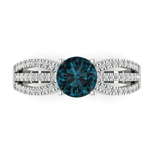 1.27 cttw Natural London Blue Topaz Solitaire with Zirconia Simulated Diamond Accents Engagement Ring - Solid White Gold (VVS1, Round Cut,6.5mm)
