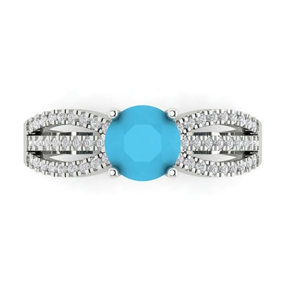 1.27 cttw Simulated Turquoise Solitaire with Zirconia Simulated Diamond Accents Engagement Ring - Solid Gold (Round Cut,6.5mm)