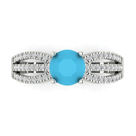1.27 cttw Simulated Turquoise Solitaire with Zirconia Simulated Diamond Accents Engagement Ring - Solid White Gold (VVS1, Round Cut,6.5mm)