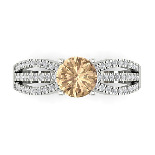 1.27 cttw Yellow Moissanite Solitaire with Zirconia Simulated Diamond Accents Engagement Ring - Solid White Gold (VVS1, Round Cut,6.5mm)