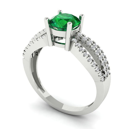 1.27 cttw Simulated Emerald Solitaire with Zirconia Simulated Diamond Accents Engagement Ring - Solid Gold (Round Cut,6.5mm)