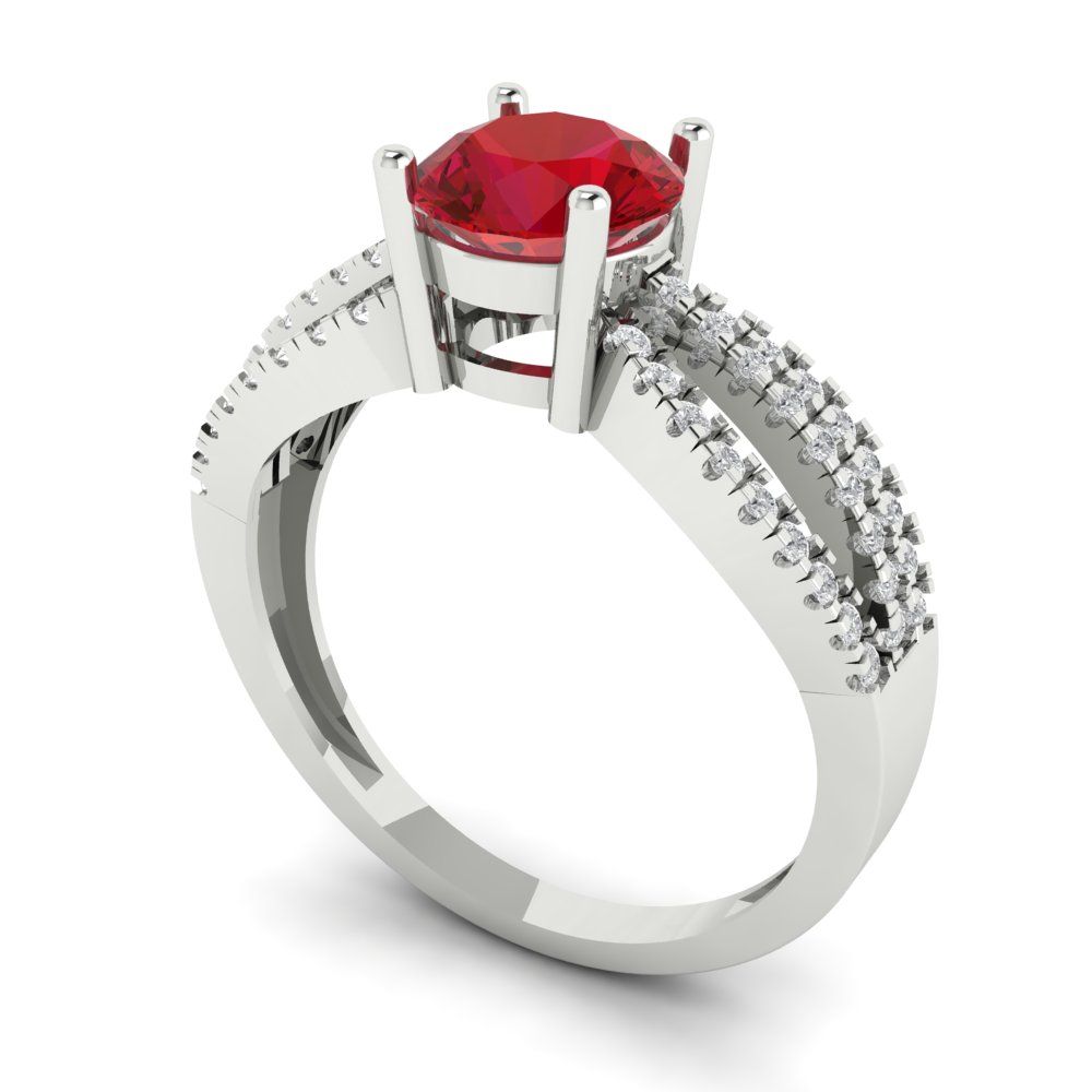 1.27 cttw Simulated Ruby Solitaire with Zirconia Simulated Diamond Accents Engagement Ring - Solid White Gold (VVS1, Round Cut,6.5mm)