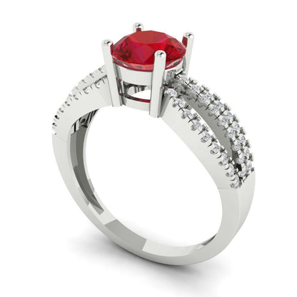 1.27 cttw Simulated Ruby Solitaire with Zirconia Simulated Diamond Accents Engagement Ring - Solid White Gold (VVS1, Round Cut,6.5mm)