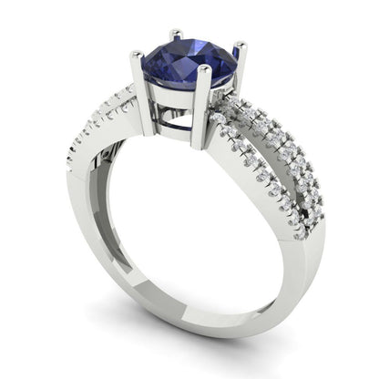 1.27 cttw Simulated Blue Sapphire Solitaire with Zirconia Simulated Diamond Accents Engagement Ring - Solid Gold (Round Cut,6.5mm)