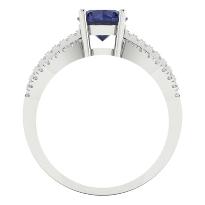 1.27 cttw Simulated Blue Sapphire Solitaire with Zirconia Simulated Diamond Accents Engagement Ring - Solid Gold (Round Cut,6.5mm)