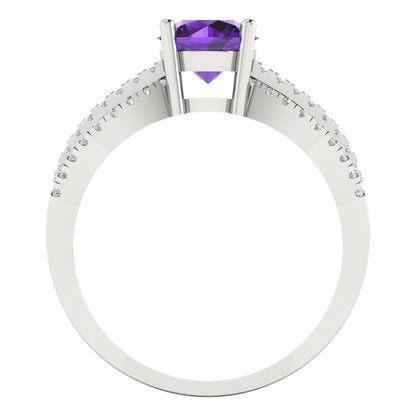 1.27 cttw Natural Amethyst Solitaire with Zirconia Simulated Diamond Accents Engagement Ring - Solid Gold (Round Cut,6.5mm)