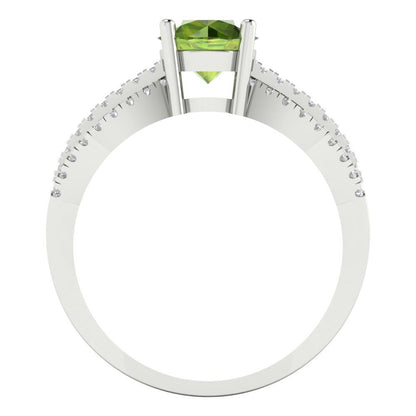 1.27 cttw Natural Peridot Solitaire with Zirconia Simulated Diamond Accents Engagement Ring - Solid Gold (Round Cut,6.5mm)