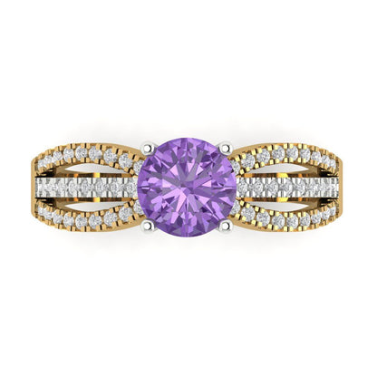 1.27 cttw Simulated Alexandrite Solitaire with Zirconia Simulated Diamond Accents Engagement Ring - Solid  Yellow/White Gold (VVS1, Round Cut,6.5mm)
