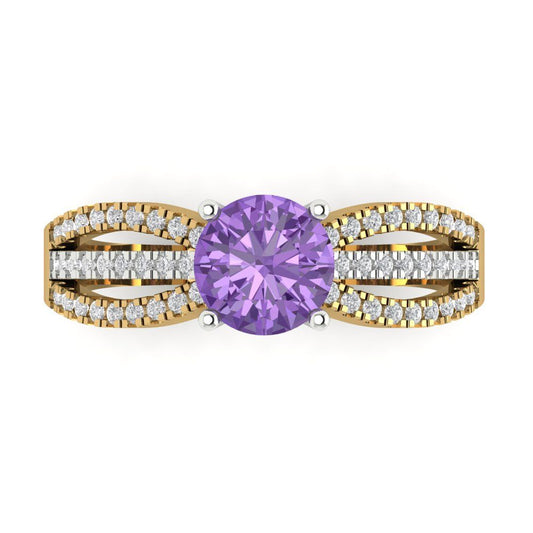 1.27 cttw Simulated Alexandrite Solitaire with Zirconia Simulated Diamond Accents Engagement Ring - Solid  Yellow/White Gold (VVS1, Round Cut,6.5mm)