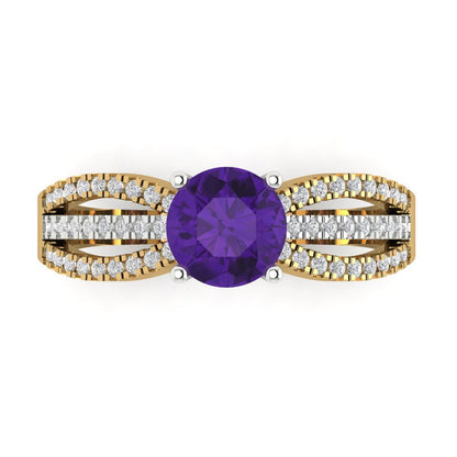 1.27 cttw Natural Amethyst Solitaire with Zirconia Simulated Diamond Accents Engagement Ring - Solid  Yellow/White Gold (VVS1, Round Cut,6.5mm)