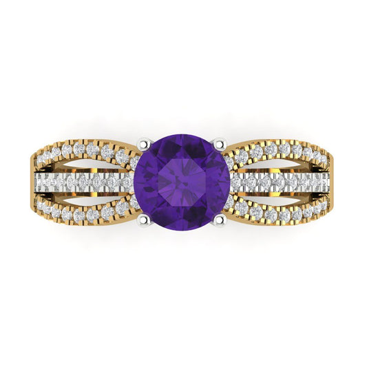 1.27 cttw Natural Amethyst Solitaire with Zirconia Simulated Diamond Accents Engagement Ring - Solid  Yellow/White Gold (VVS1, Round Cut,6.5mm)