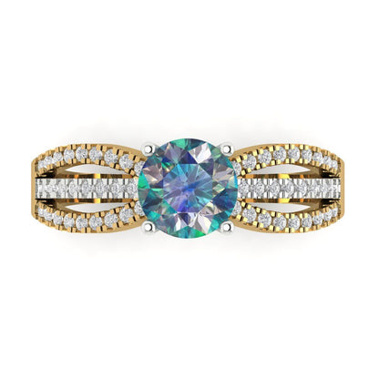 1.27 cttw Blue Moissanite Solitaire with Zirconia Simulated Diamond Accents Engagement Ring - Solid  Yellow/White Gold (VVS1, Round Cut,6.5mm)