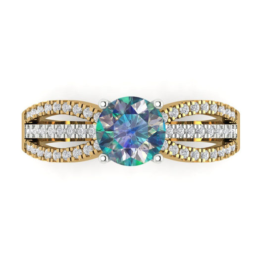 1.27 cttw Blue Moissanite Solitaire with Zirconia Simulated Diamond Accents Engagement Ring - Solid  Yellow/White Gold (VVS1, Round Cut,6.5mm)
