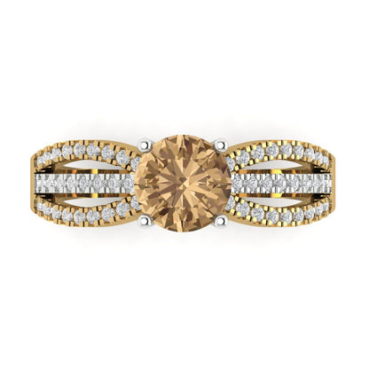 1.27 cttw Zirconia Simulated Champagne Diamond Solitaire with Zirconia Simulated Diamond Accents Engagement Ring - Solid  Yellow/White Gold (VVS1, Round Cut,6.5mm)