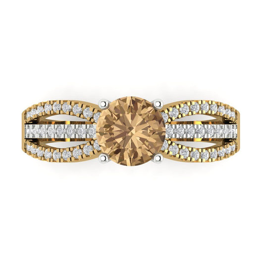 1.27 cttw Zirconia Simulated Champagne Diamond Solitaire with Zirconia Simulated Diamond Accents Engagement Ring - Solid  Yellow/White Gold (VVS1, Round Cut,6.5mm)