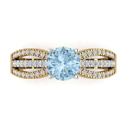 1.27 cttw Natural Sky Blue Topaz Solitaire with Zirconia Simulated Diamond Accents Engagement Ring - Solid  Yellow/White Gold (VVS1, Round Cut,6.5mm)