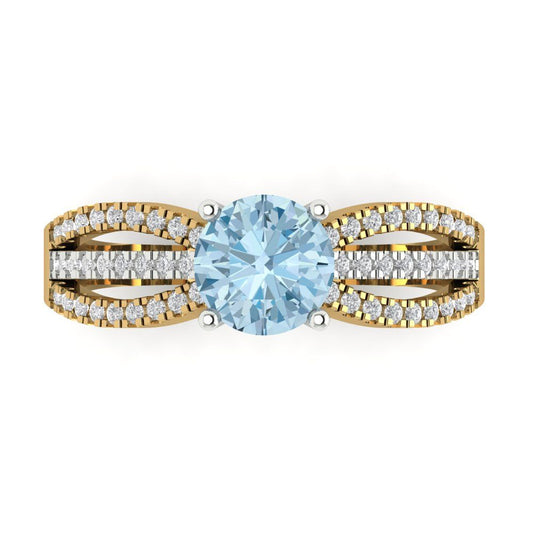 1.27 cttw Natural Sky Blue Topaz Solitaire with Zirconia Simulated Diamond Accents Engagement Ring - Solid  Yellow/White Gold (VVS1, Round Cut,6.5mm)