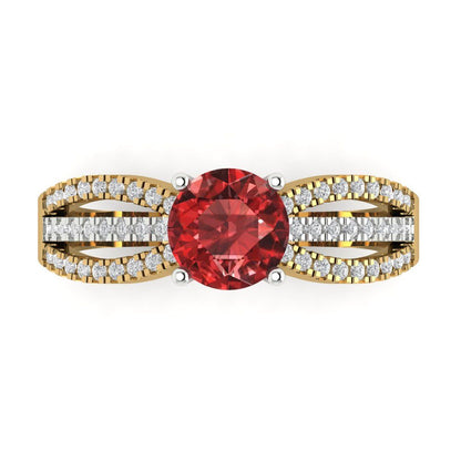 1.27 cttw Natural Garnet Solitaire with Zirconia Simulated Diamond Accents Engagement Ring - Solid Gold (Round Cut,6.5mm)